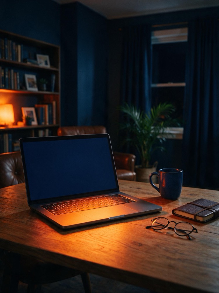 A home office desk at night, laptop open, warm lamp light against navy walls